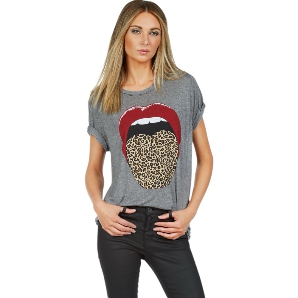 Lauren Moshi Capri Leopard Tongue Graphic Tee Distressed Gray Size M